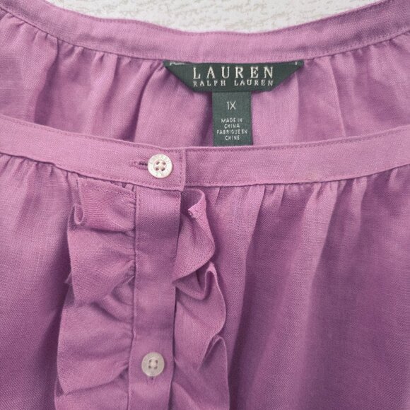 Lauren Ralph Lauren Women's Blouse  100% Linen Button Down Ruffle Front Size 1X - Picture 7 of 9
